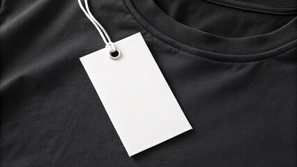 Elegant white swing tag featuring a silver eyelet showcased on a classic black t-shirt, ideal for highlighting a stylish price tag mockup.