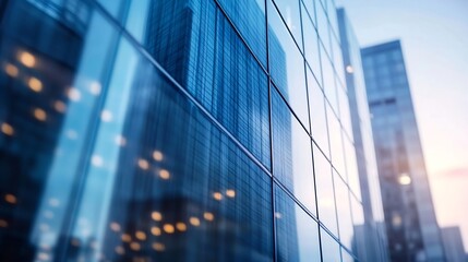 Modern glass building facade reflecting cityscape with highlights in cool tones at sunset : Generative AI