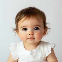 Naklejka premium Adorable baby girl with expressive brown eyes and soft hairstyle, wearing a cute white dress. Perfect for children's photography and family portraits.