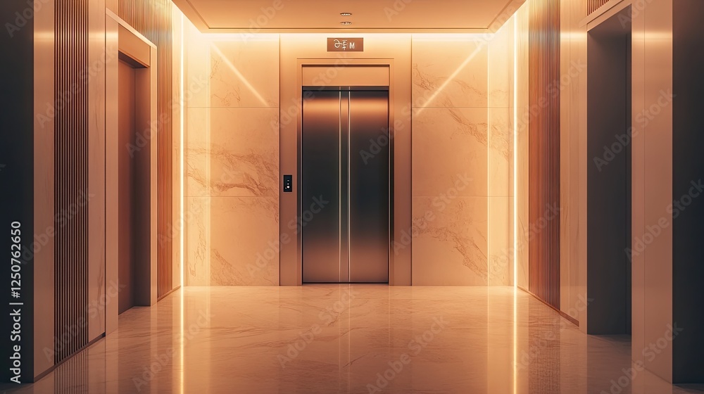 Poster an empty building corridor with a passenger elevator in the middle, softly illuminated.