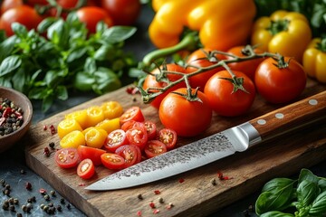 Freshly chopped tomatoes and herbs on a wooden cutting board with knife