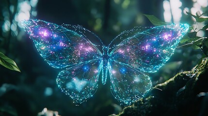A luminous butterfly made of glowing particles, hovering in a lush forest, creating a magical, ethereal atmosphere with vibrant colors.