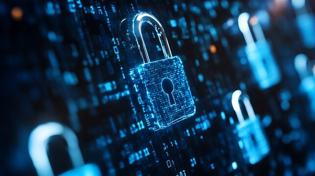 Multiple glowing digital padlocks against a backdrop of shifting binary code symbolizing cybersecurity and digital safety : Generative AI