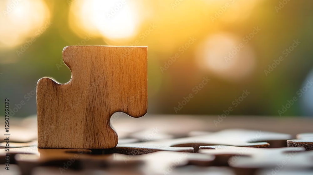 Poster Closeup of a wooden puzzle piece symbolizing creativity and problem solving with a blurred background : Generative AI