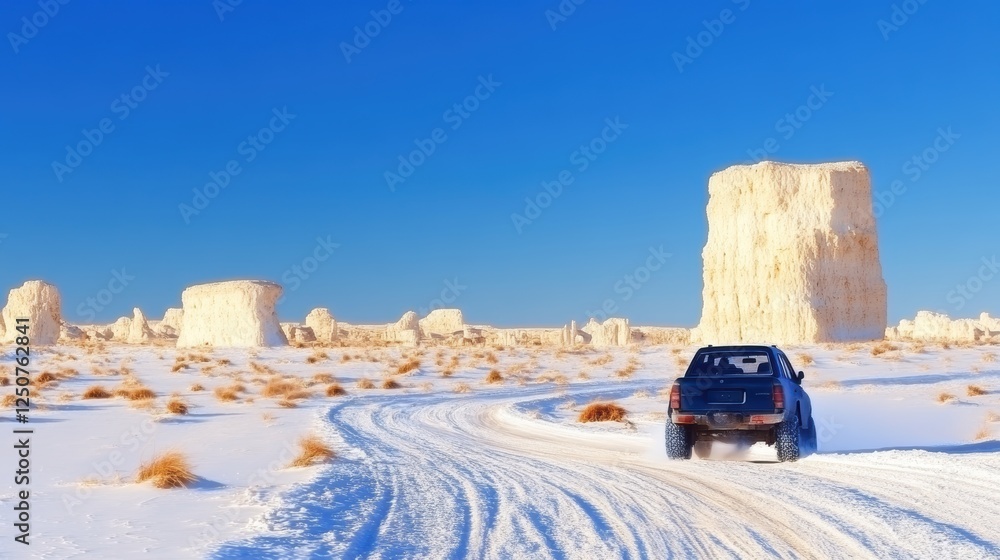 Poster a vehicle navigating a snowy landscape with unique rock formations.