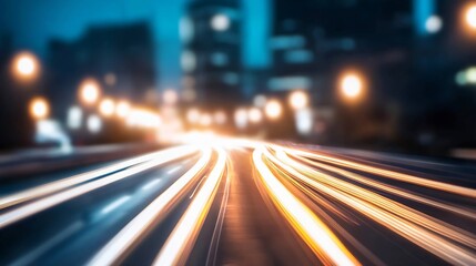 Dynamic urban night scene with colorful streaks of light from moving vehicles illustrating modern city life and speed : Generative AI