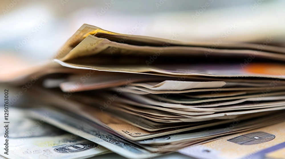 Aufkleber A detailed image of a messy stack of assorted banknotes representing currencies from around the world : Generative AI