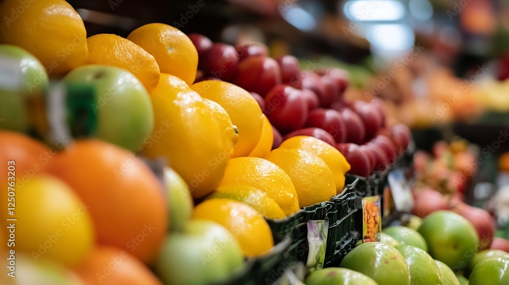 Poster colorful array of fresh fruits on display at grocery store for healthy eating and nutrition products