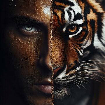 A striking portrait featuring a man with fierce expression, half his face blended with a tiger, symbolizing strength and wildness.