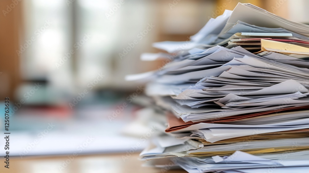 Poster messy stack of paperwork overflowing on a desk creating clutter in a busy office environment : gener