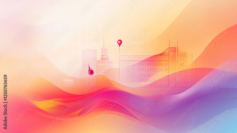 Poster abstract cityscape with red map markers and flowing lines in vibrant colors creating a sense of move