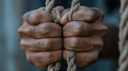 Strong hands gripping tightly onto thick ropes symbolizing struggle and resilience in challenging times : Generative AI