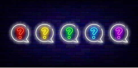 Colorful question marks collection in speech bubble. Trivia night neon banner. Vector stock illustration