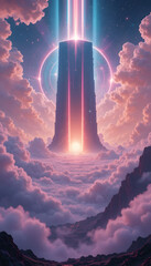 otherworldly space horizon with soft neon vapor clouds, an enormous glowing portal in the sky, and an ancient floating monolith radiating energy beams