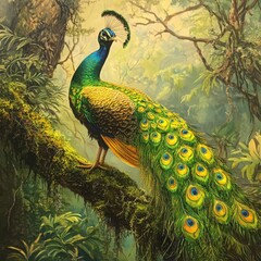 Naklejka premium Vibrant Peacock Displaying Feathers Amidst Lush Green Forest