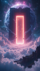otherworldly space horizon with soft neon vapor clouds, an enormous glowing portal in the sky, and an ancient floating monolith radiating energy beams