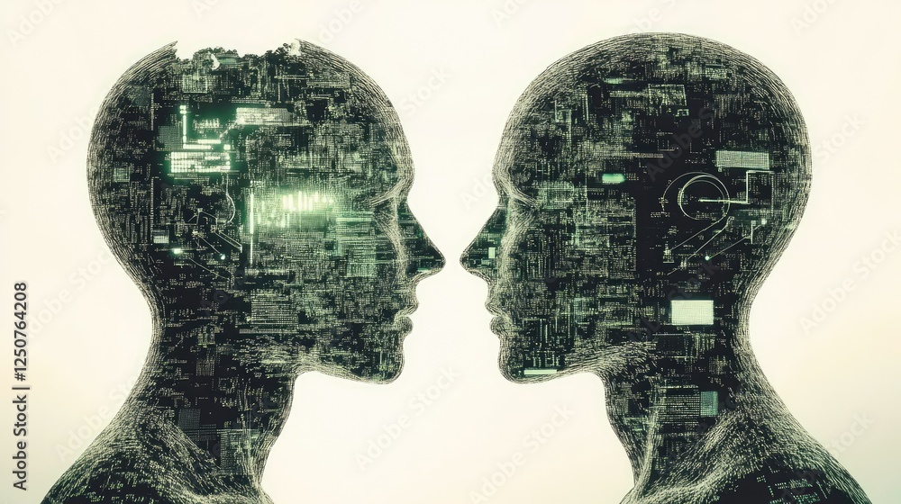 Poster two ai-driven humanoids analyzing digital codes, highlighting machine learning evolution.