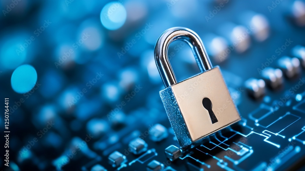 Poster Metal padlock resting on a circuit board symbolizing cybersecurity and data protection : Generative AI