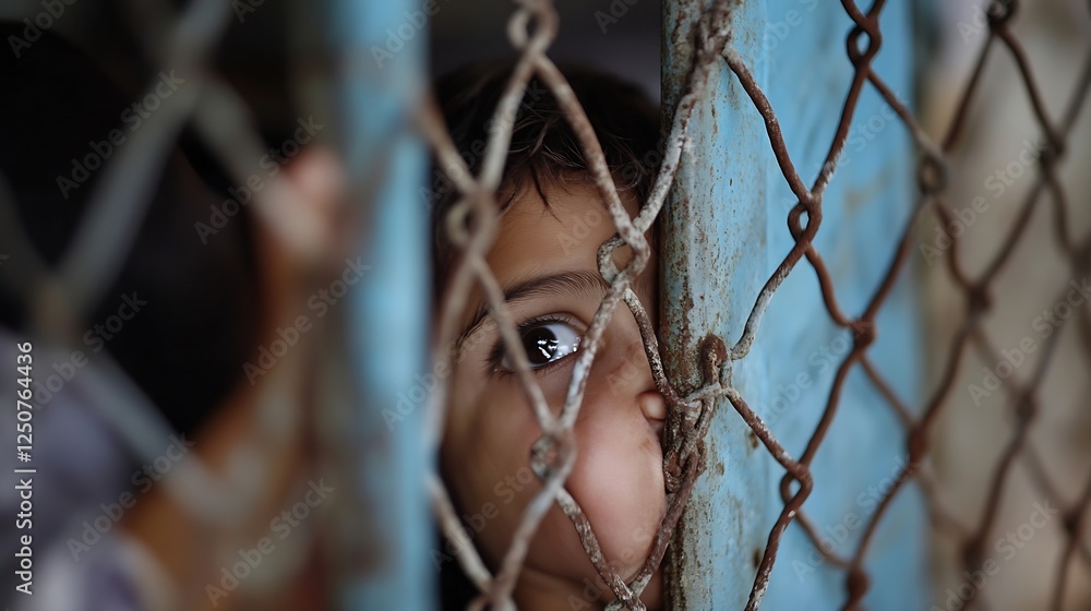 Aufkleber a child peering through a rusty metal fence showcasing a moment of curiosity amidst confinement : ge