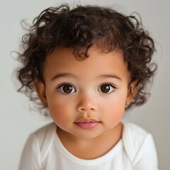 Naklejka premium Adorable baby with curly hair and large expressive eyes, showcasing innocence and charm. Perfect for family, children, or baby care concepts.