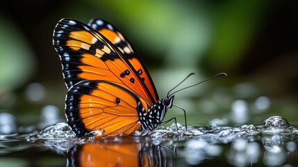 Obraz premium Orange butterfly with black stripes drinking water.