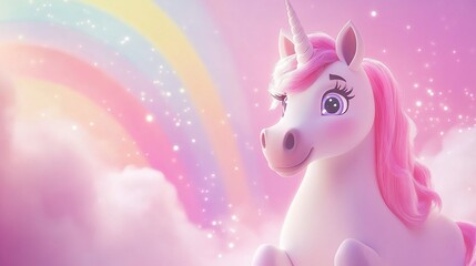 A whimsical illustration of a pink unicorn with a rainbow in the background and sparkles around