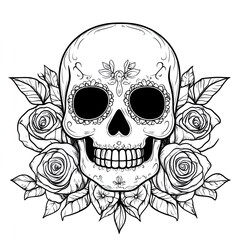Obraz premium Charming Sugar Skull with Roses Coloring Book Page Simple Floral Design for and Children