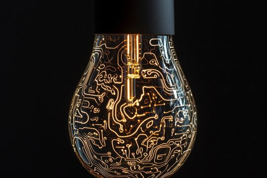Intricate glowing circuit bulb showcasing detailed design in a dark atmosphere