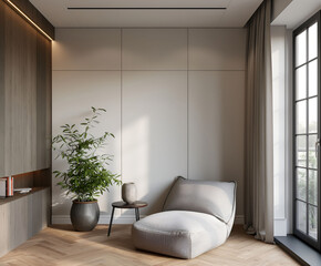 Aesthetic elegant minimalist modern interior design. Clear mock up empty wall for decoration in the apartment. Copy space in the room.