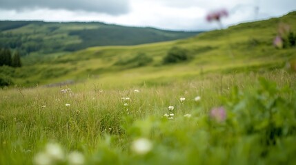 Fototapeta premium Beautiful green meadow with delicate wildflowers and rolling hills : Generative AI