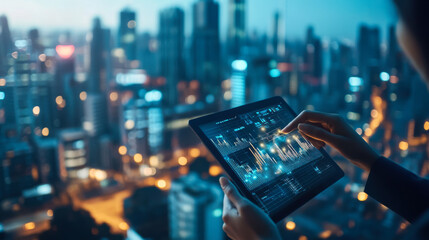 Analyzing financial data on a tablet with a city skyline in the background during twilight hours