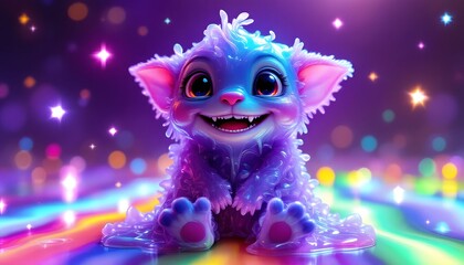 Naklejka premium Cute Furry Monster Smiling with Colorful Background and Magical Sparkles