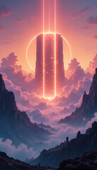 otherworldly space horizon with soft neon vapor clouds, an enormous glowing portal in the sky, and an ancient floating monolith radiating energy beams