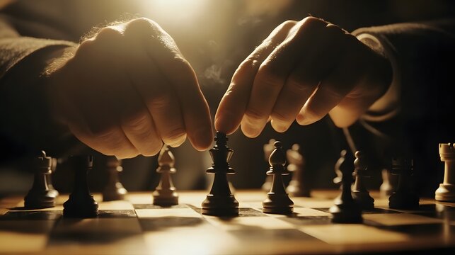 Close-up of a chess player's hand making a decisive move, showcasing strategy, focus, and intellectual competition in a dramatic setting