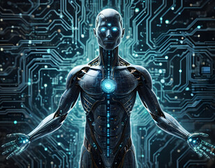Futuristic scene with a glowing, humanoid AI figure seamlessly blending into a high-tech environment. Concept of Artificial Intelligence. Digital illustration. CG Artwork Background