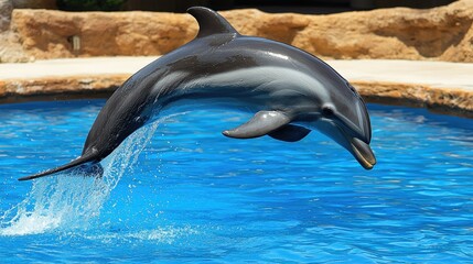 Obraz premium Dolphin Leaping Out of Water Creating Splash in Sunny Environment