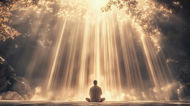 A serene scene depicting a person meditating under radiant light beams in a tranquil natural setting, evoking peace and reflection.