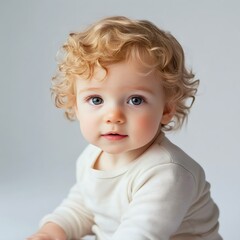 Naklejka premium Adorable baby with curly hair, bright blue eyes, and a gentle expression, dressed in a soft cream outfit, perfect for capturing sweetness and innocence.