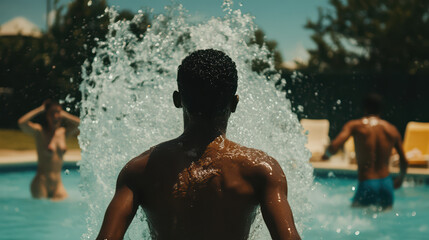 a young man in a pool creating a splash as he jumps in.