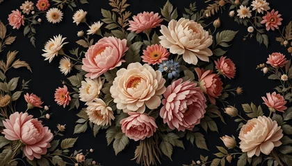 Gordijnen Elegant Pastel Floral Bouquet Dark Background Romantic Flowers Artistic Design Vintage Botanical Illustration Pretty Bloom Floral Arrangement Delicate © Abida
