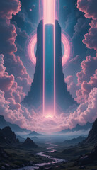 otherworldly space horizon with soft neon vapor clouds, an enormous glowing portal in the sky, and an ancient floating monolith radiating energy beams