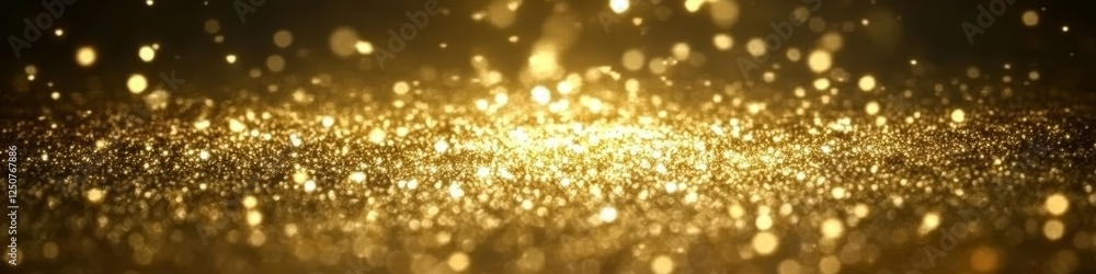 Poster golden glitter background, festive abstract backdrop with sparkling lights and bokeh effect.