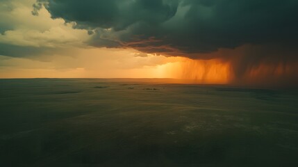 Dramatic seascape at sunset, dark storm clouds gathering over calm ocean waters, perfect for nature-themed projects.
