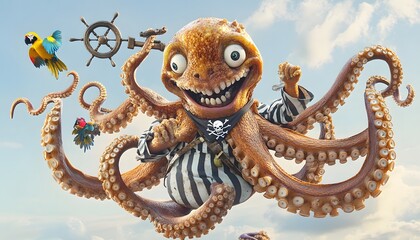 Obraz premium A grinning pirate octopus sails the clouds with parrots