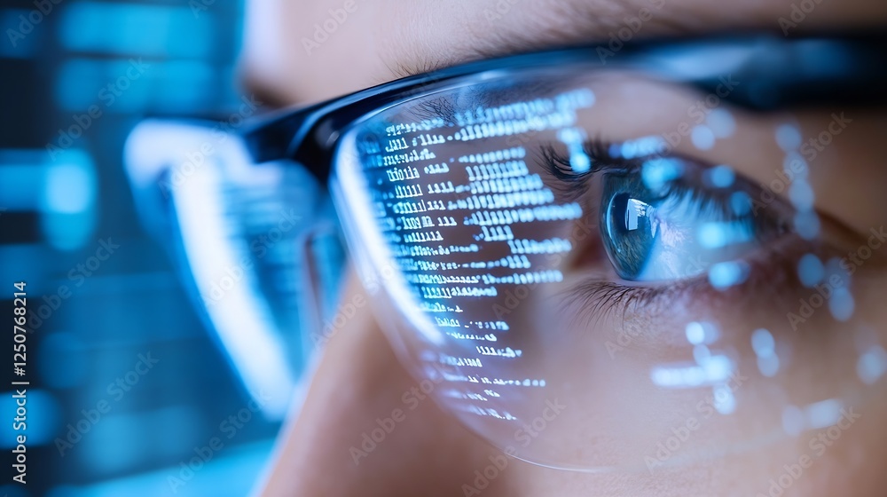 Poster Close up of a person's eye wearing smart glasses displaying data and code reflections : Generative AI