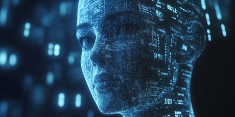 Stylized Human Head With Glowing Circuit Board Details and Numeric Data, Vibrant Blue and White