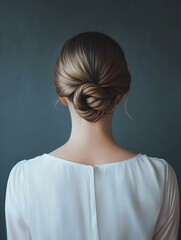 A serene back view of a woman with an elegant bun hairstyle, wearing a white blouse against a soft, muted background. Timeless beauty and grace.