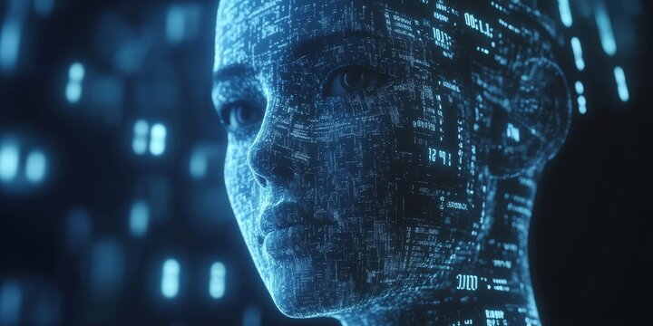 Stylized Human Head With Glowing Circuit Board Details and Numeric Data, Vibrant Blue and White - Powered by Adobe