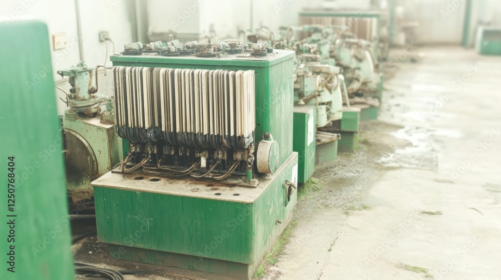Poster industrial machinery with multiple components in a factory setting.