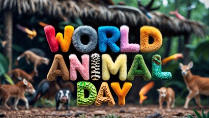 Celebrating World Animal Day with colorful decorations and diverse wildlife in a lush, green environment full of life and vibrant activity taking place outdoors